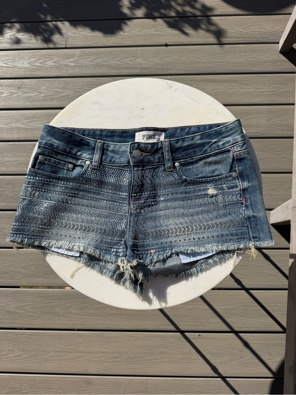 PINK Victoria's Secret Distressed Denim Rhinestones Shorts in Blue Wash